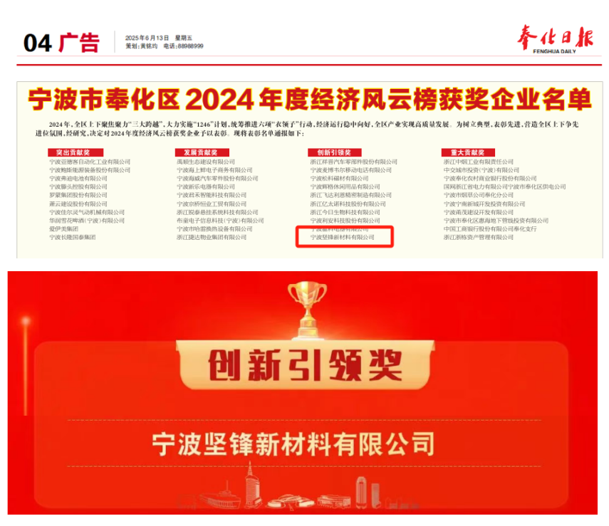公司要闻丨致敬奉化力量！坚锋®荣膺奉化区2024年度经济风云榜“创新引领奖”